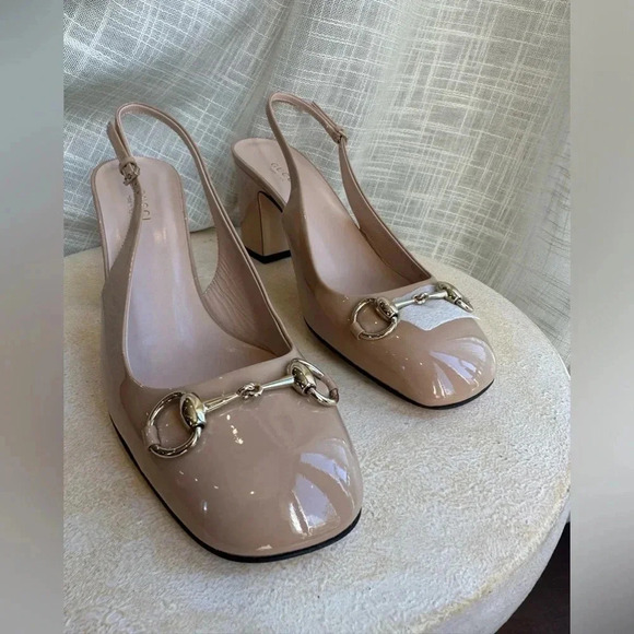 New Gucci Nude Patent Leather Slingback Block Heel, Lady Tan Horsebit Size 8 US - Picture 4 of 13